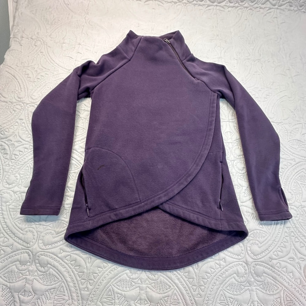 Athleta Cybele Asym Zip Fleece Pullover Purple Thumbhole High Low XXS‎